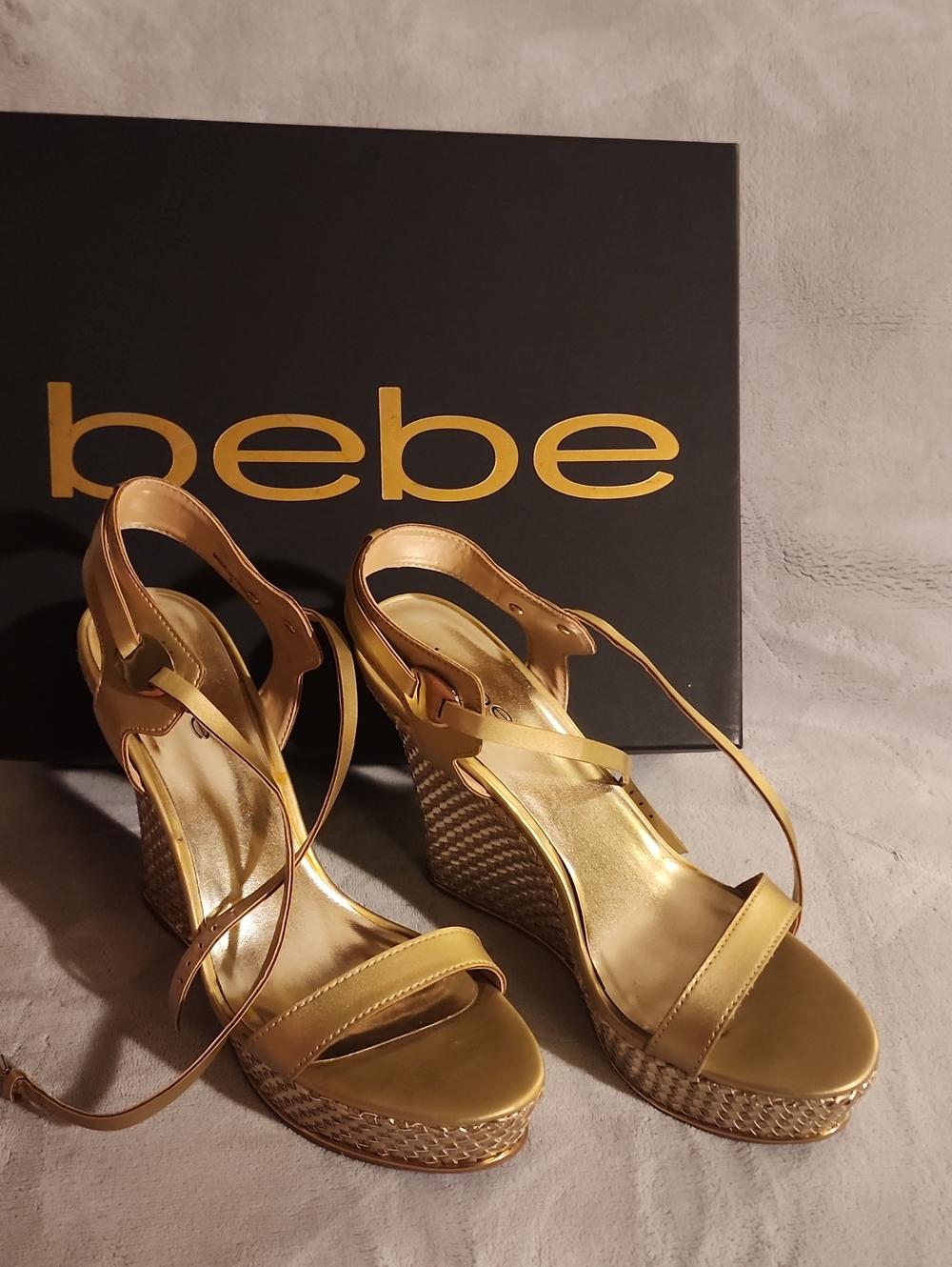 bebe Metallic Gold Wedge Sandals with Braided Espadrille Platform